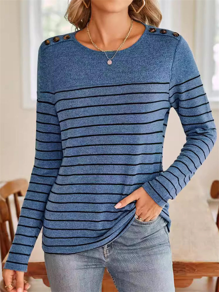 Women's Contrast Color Stripe Round Neck Long Sleeve T-Shirt
