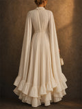 Women Fashion Cape Sleeve Pleated Ruffle Evening Maxi Gown Dress