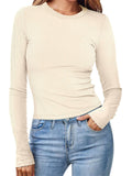 Women's Solid Color Round Neck Long-sleeved Pit Stripe Shirts