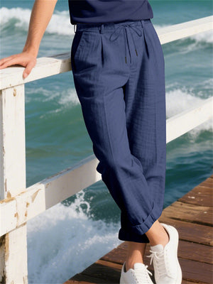 Men's Casual Linen Solid Color Drawstring Straight Trousers