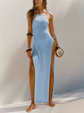 Female Sexy Split Beachwear Halter Neck Knit Cover-up Dress