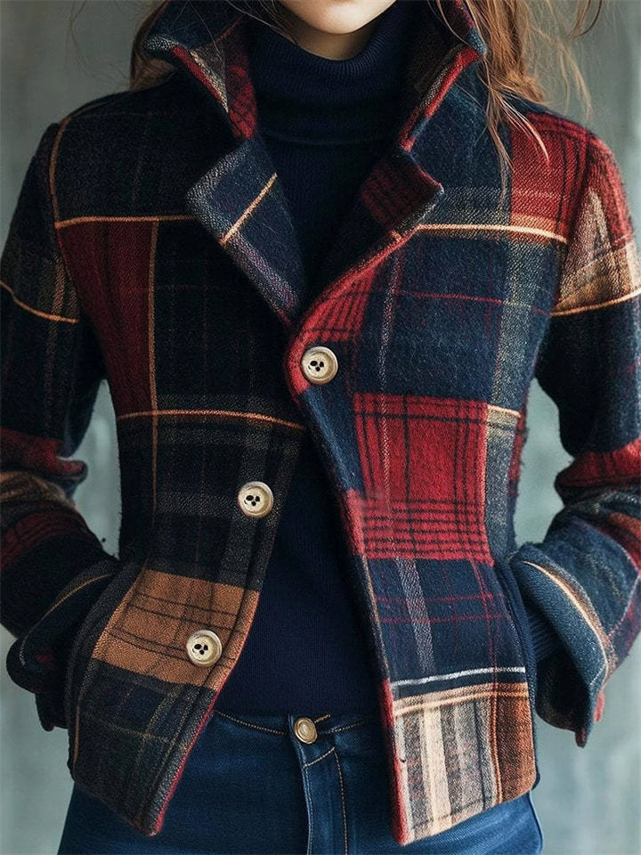 Women's Autumn Retro Color Block Plaid Stand Collar Single Breasted Coats