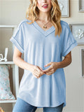 Women's Solid Color Pit Stripe V Neck Long Sleeve Shirts