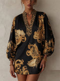 Women Baroque Leopard Print V Neck Lantern Sleeve Mini Dress