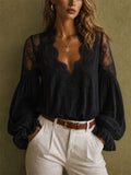 Womens Lace V Neck Lantern Sleeve Boho Ruffle Blouse