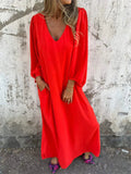 Women's Autumn Casual Loose V-neck Solid Color Lantern Sleeve Dress