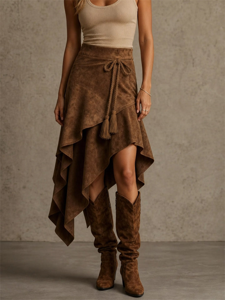 Women's Brown Suede Asymmetrical Ruffle Skirt