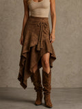 Women's Brown Suede Asymmetrical Ruffle Skirt