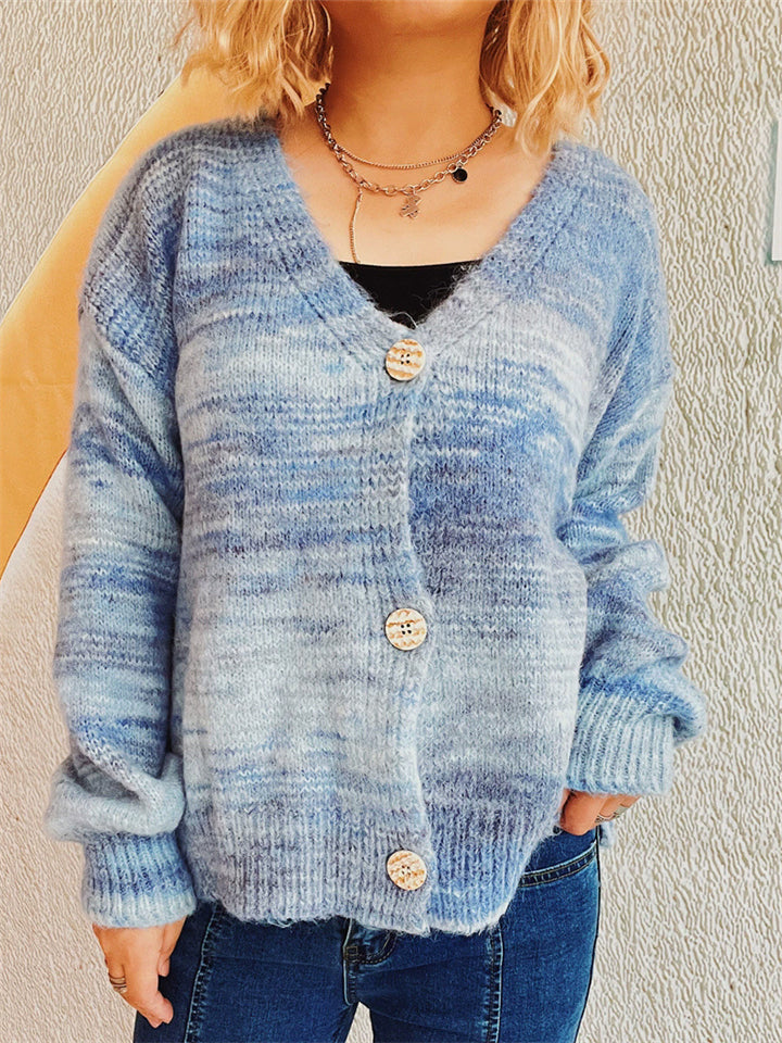 Women's Contrast Color V Neck Single Breasted Cardigan Sweater