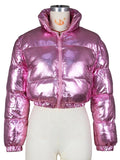 Women's Winter Elegant Trendy Zip Up Glossy Cropped Puffer Coats