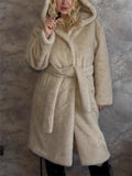 Women's Winter Oversized Beige Long Faux Fur Hooded Coat with Belt