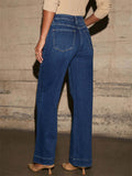 Women's Autumn Vintage Blue Front Pockets Straight Denim Pants