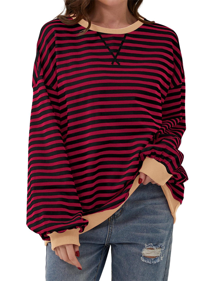 Women's Stylish Long Sleeved Striped Sweatshirts for Spring Autumn