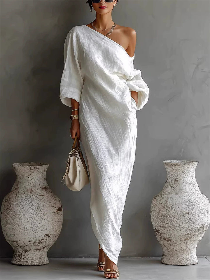 Women's Chic Elegant Off Shoulder Maxi Dress with Bubble Sleeve