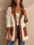 Women Color Block Fleece Button Down Teddy Jacket with Pockets