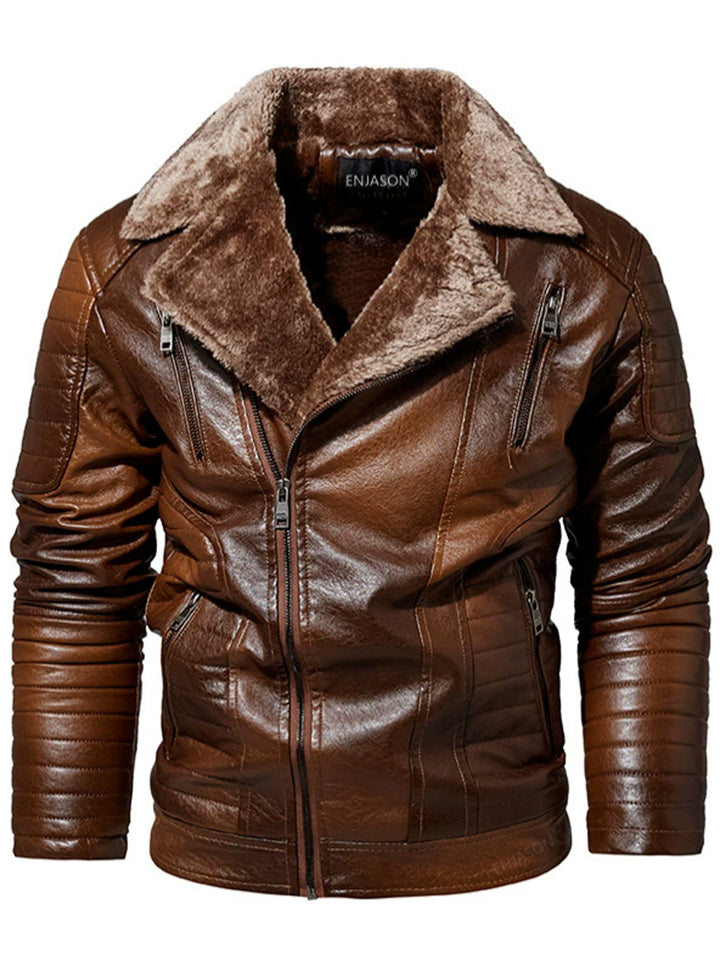 Men's Winter Fleece Lined Zipper Pockets Faux Leather Warm Casual Outerwear Coats