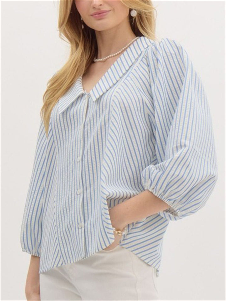 Women's Sweet Style Stripe Lapel Puff Sleeve Blouses