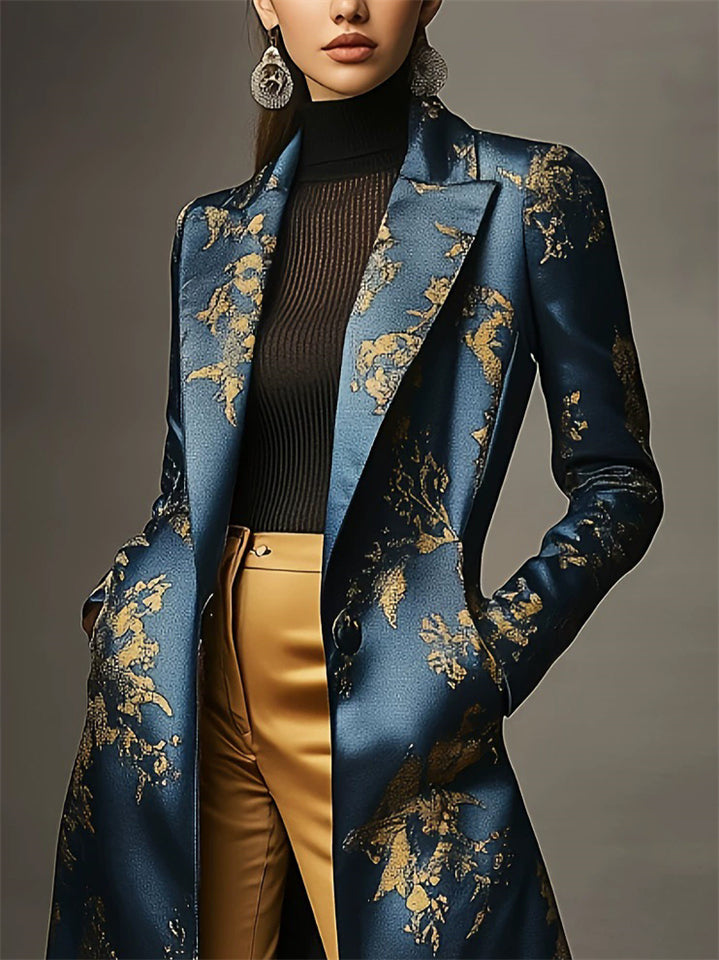 Autumn Gold Plants Printed Satin Single Breasted Coat for Women
