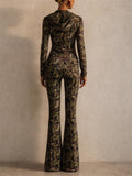 Women Camo 2 Piece Set Hooded Zip Up Top and High Waist Flare Pants