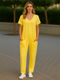 Women's Summer Solid Color V Neck Pockets Drop Crotch Jumpsuits