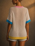 Women Colorful 3D Floral Applique Short Sleeve Knit Top