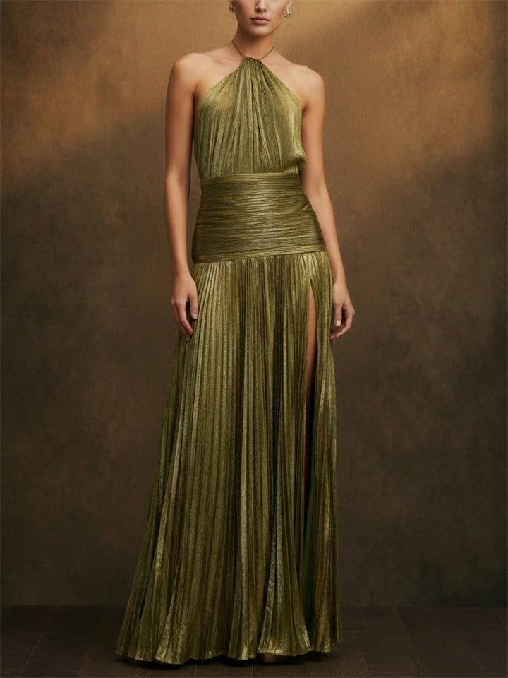 Women Metallic Pleated Halter Backless Slit Maxi Dress