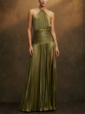 Women Metallic Pleated Halter Backless Slit Maxi Dress