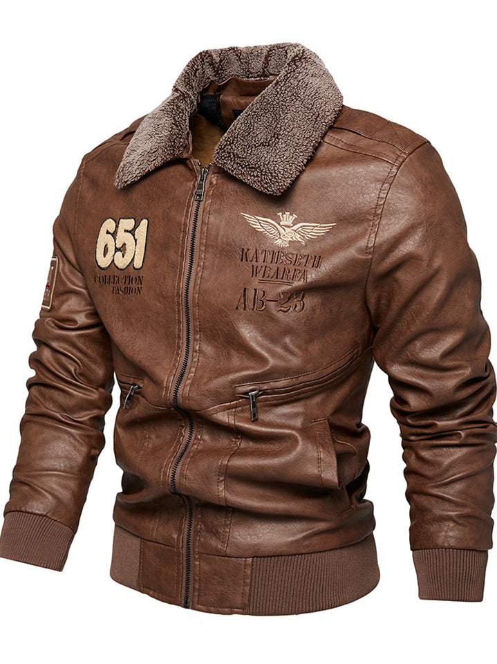 Men's Winter Fleece Lined Faux Leather Bomber Jacket with Faux Fur Collar