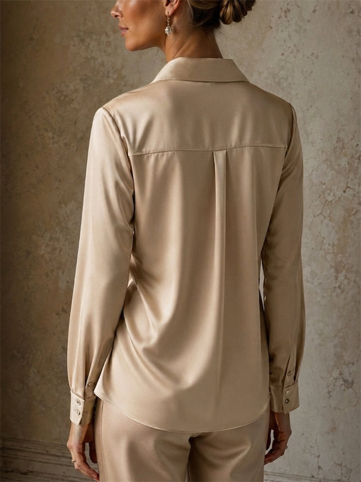 Women's Stylish Beaded Collar Satin Button Down Blouse