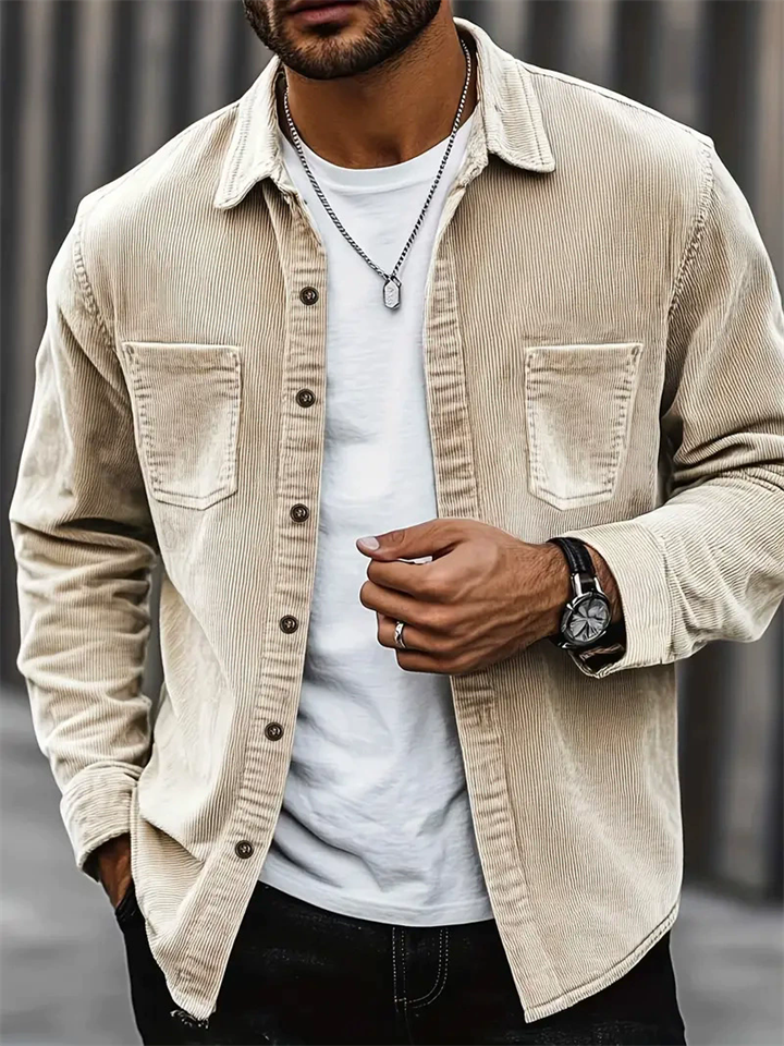 Men Corduroy Casual Button Down Chest Pockets Shirt Jacket