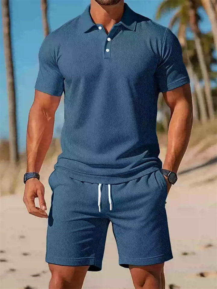 Men's 2Pcs Summer Solid Color Short Sleeve Polo Shirt & Shorts Set
