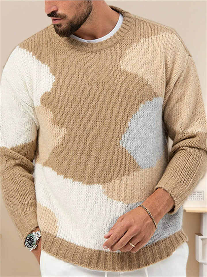 Men's Casual Contrast Color Jacquard Round Neck Pullover Sweater