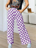 Women's Casual Checkerboard Plaid High Rise Wide Leg Pants