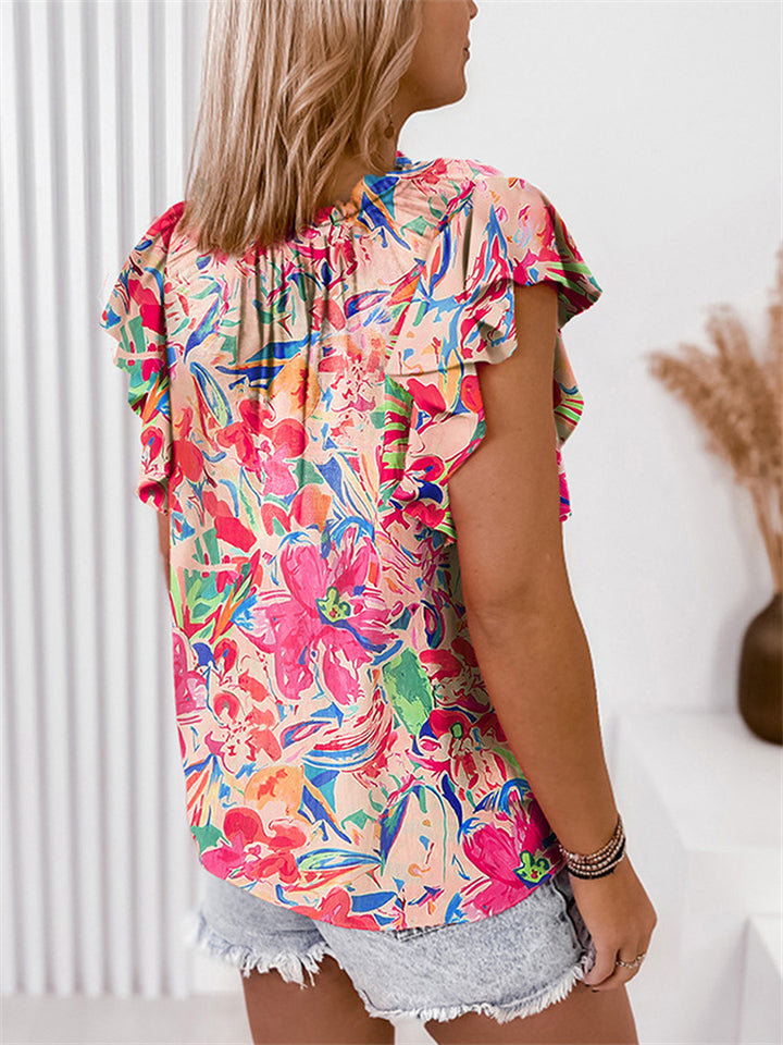 Women's Summer Floral Print V-neck Ruffled Short Sleeve Shirts