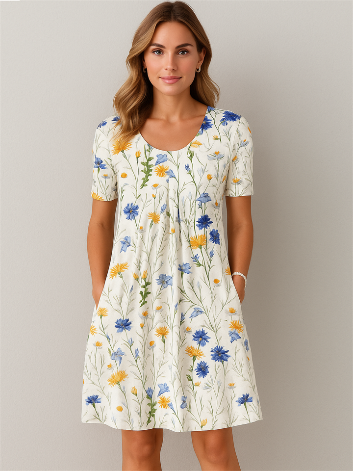 Women's Summer Floral Printed Round Neck Pocket Dress