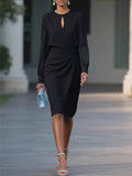 Ladies' Elegant Solid Color Pleated Waist Round Neck Long Sleeve Dress