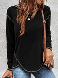 Women's Contrast Trim Round Neck Long Sleeve Asymmetric Hem Shirts