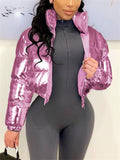Women's Winter Elegant Trendy Zip Up Glossy Cropped Puffer Coats