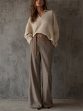 Women's Elegant Contrast Color High Waist Wide Leg Belted Wrap Front Pants