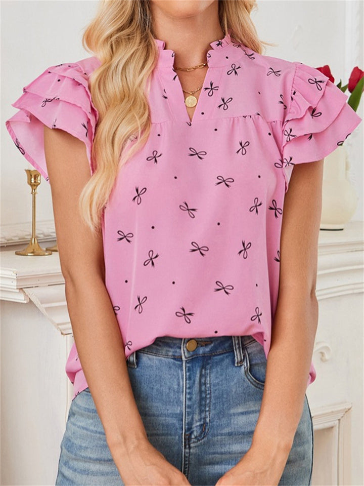 Women's Summer Bowtie Print V neck Lotus Sleeve Chiffon Shirts