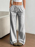Simple Striped Wide Leg Casual Pants for Women with Drawstring Waist