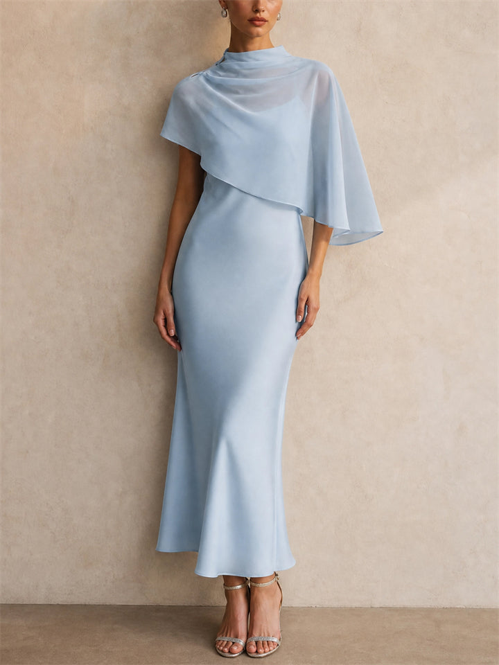 Womens Elegant Chiffon Capelet Overlay Wedding Guest Midi Dress