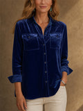 Women Velvet Long Sleeve Button Down Shirt With Pockets