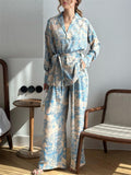 French Style Long Sleeve Print Button Tie-waist Shirt and Wide Leg Pant Set