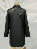 Women's Faux Leather All Black Zip Up Lapel Long Sleeve Coat