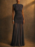 Women Ruched Draped Mesh Patchwork Formal Evening Maxi Dress