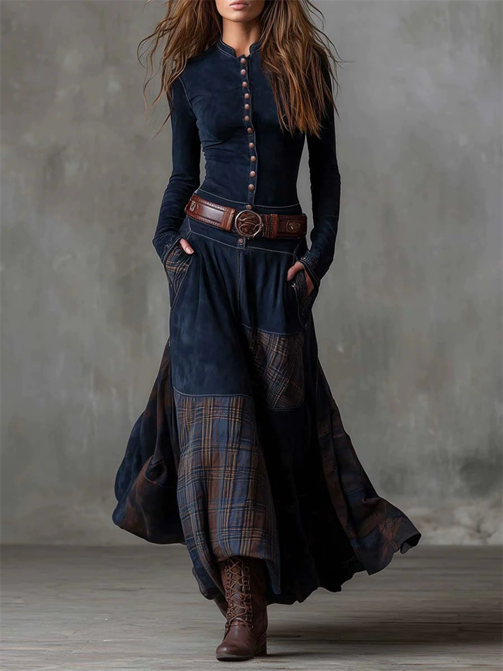 Vintage Style Stand Collar Plaid Patchwork Long Dress for Women