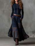 Vintage Style Stand Collar Plaid Patchwork Long Dress for Women