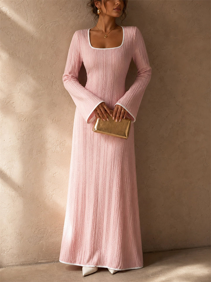 Women Contrast Trim Square Neck Flare Sleeve Textured Knit Maxi Dress