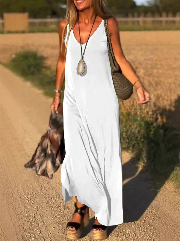 Women's Summer Solid Color V Neck Sleeveless Maxi Dress